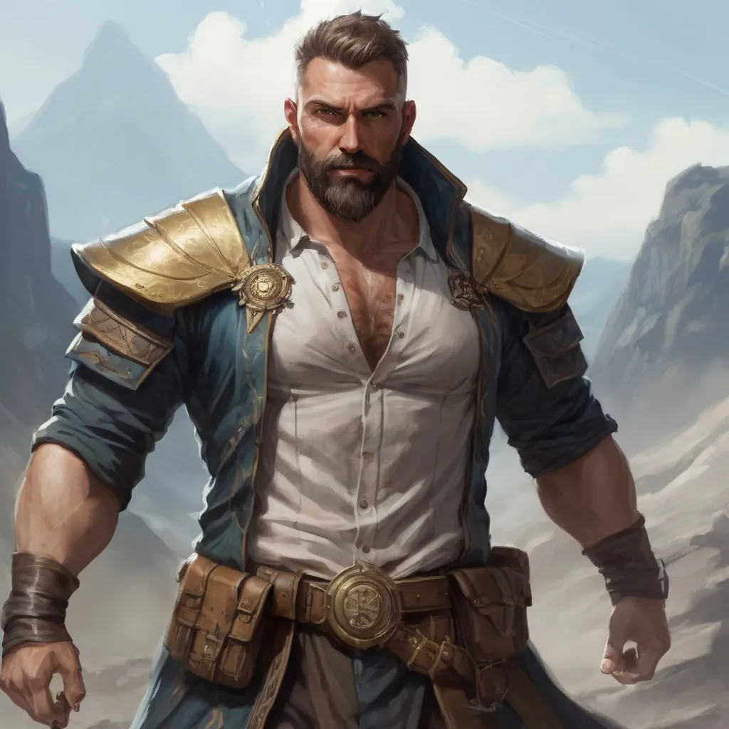 Prompt: (torso) Male stocky large fit 37-year old enchanter with short-cut hair and beard, open shirt hairy chest, in combat casting a magic-ray out of hands in a windy path, pathfinder, d&d setting, in a realistic high quality digital art style, enhanced shadow quality, colorful