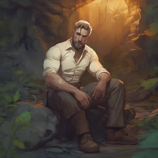 Prompt: (Full body) male stocky young muscular royal spy with short-cut hair and beard, in a forest cave at night pathfinder, d&d setting, in a realistic high quality digital art style