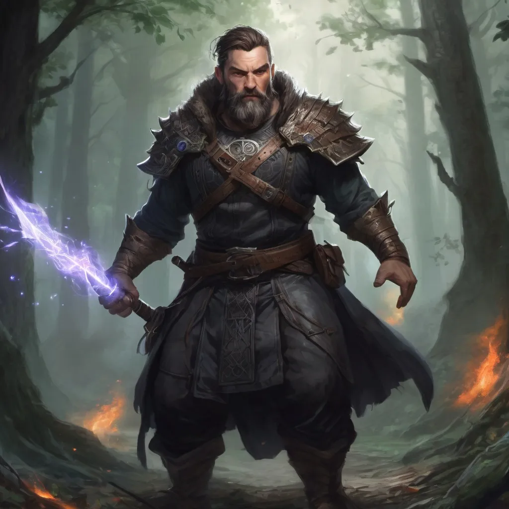 Prompt: (Full body) male stocky large sorcerer with short-cut hair and beard, hairy chest, in a dark battle field in a forest, pathfinder, d&d setting, in a realistic high quality digital art style