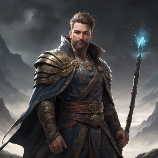 Prompt: Male stocky wide-chested fit 35-year old sacred oracle with short-cut hair and beard, in a windy mountain field, , casting a spell, pathfinder, d&d setting, enhanced shadow quality