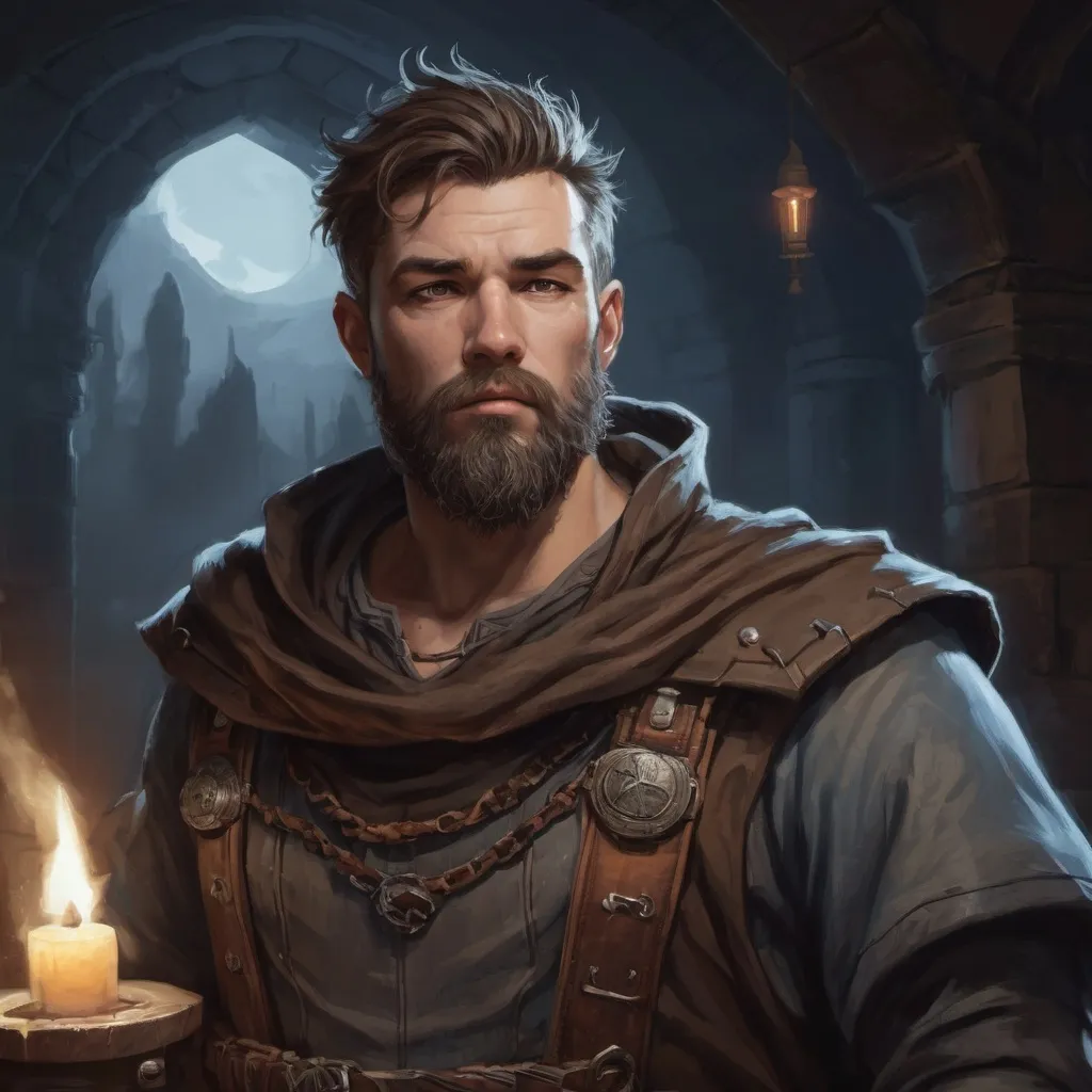 Prompt: male stocky large-built druid with short-cut hair and beard, in  a dungeon at night pathfinder, d&d setting, in a realistic digital art style