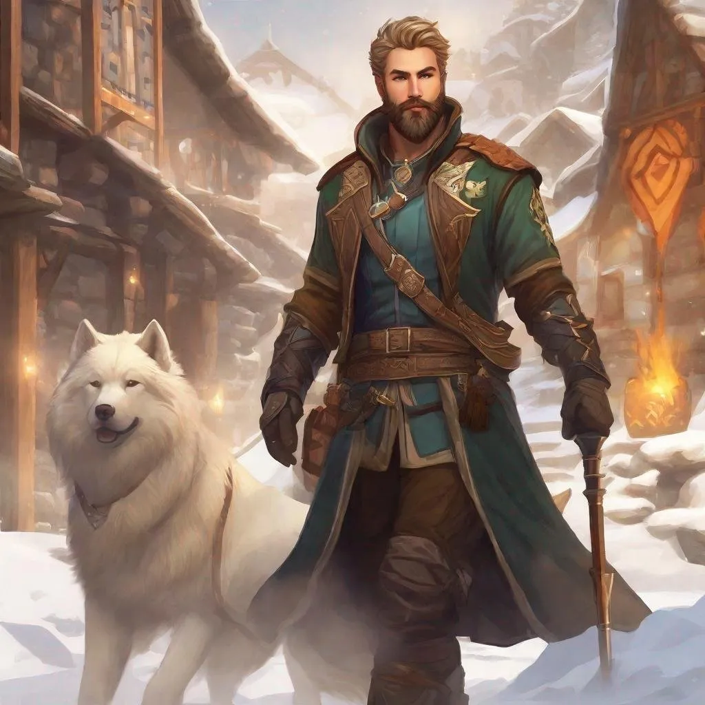 Prompt: A male arcanist with dark-blonde short hair and beard, boots, pathfinder, in a detailed realistic digital art style