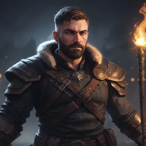 Prompt: (torso) Male stocky mature shadow-ranger with short-cut hair and beard, on a battlefield at night, in combat, holding a magic weapon, bright aura, pathfinder, d&d setting, in a realistic high quality digital art style, enhanced shadow quality