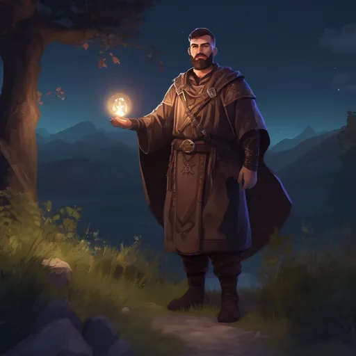 Prompt: (Full body) male stocky magical albanian cleric with short hair and beard, in nature at night, pathfinder, d&d setting, in a realistic digital art style