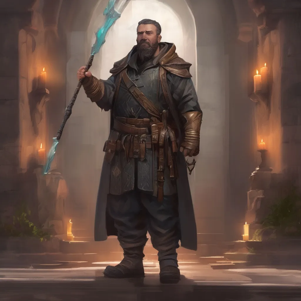 Prompt: (Full body) male stocky mage-hunter with short-cut hair and beard, in a dark magic temple dungeon, wearing big shoulderguards, pathfinder, d&d setting, in a realistic digital art style