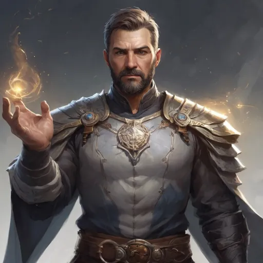 Prompt: (torso) Male stocky large fit 43-year old magical-summoner with short-cut hair and beard, casting a magic-ray out of hands in a windy path, pathfinder, d&d setting, in movement, hands up, enhanced shadow quality