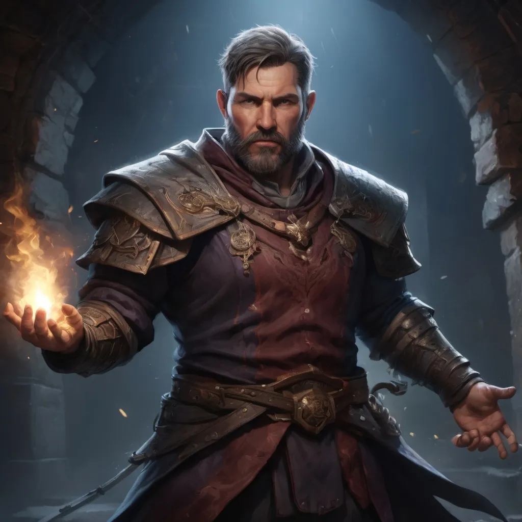 Prompt: (torso) Male stocky large mature spellcaster with short-cut hair and beard, engaged in combat casting a spell inside a dungeon, pathfinder, d&d setting, in a realistic high quality digital art style, enhanced shadow quality