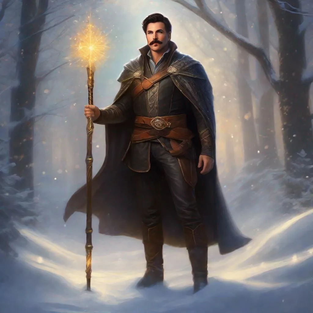 Prompt: (Full body) a male magus with mustache and stubble short-cut dark hair, handsome manly face, belt, boots, leather pants, holding magical staff, swirly lights, standing outside of a snowy forest, fantasy setting, dungeons & dragons, in a painted style realistic art