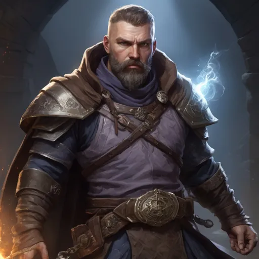 Prompt: Male stocky large mature scottish fighter with short-cut hair and beard, exploring a dark astral magical dungeon in combat, pathfinder, d&d setting, in a realistic high quality digital art style, enhanced shadow quality