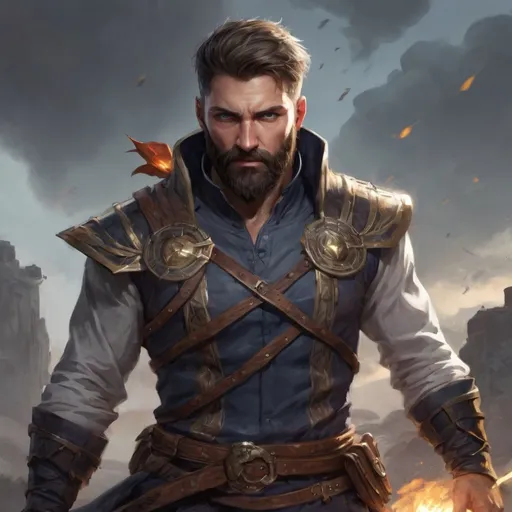 Prompt: (head and torso) Male heavy-set fit hunky arcanist with short-cut hair and beard, holding magic-spell, in a windy battlefield, pathfinder, d&d setting, enhanced shadow quality