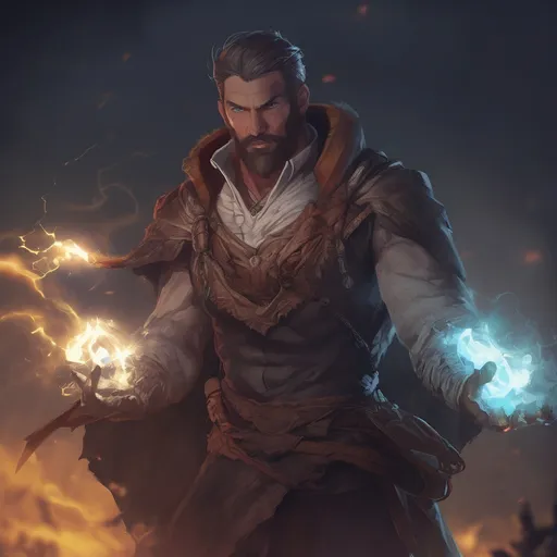 Prompt: (Full body) male muscular summoner with short hair and beard, in nature at night, casting a spell, pathfinder, d&d setting, in a realistic digital art style