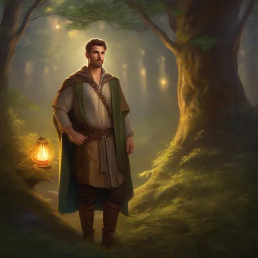 Prompt: (Full body) A male druid with short cut hair with stubble manly face, pathfinger, magic swirl, holding magic , dungeons and dragons, brown boots, fantasy setting, standing in a forest glade at night, in a painted style realistic art