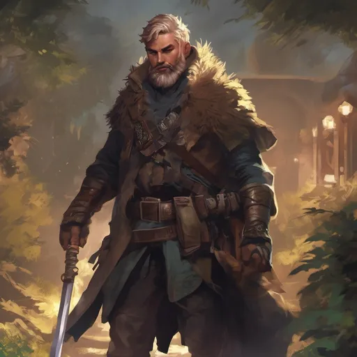 Prompt: (Full body) male stocky Noble thief with blonde short hair and beard, in nature at night, pathfinder, d&d setting, in a realistic digital art style