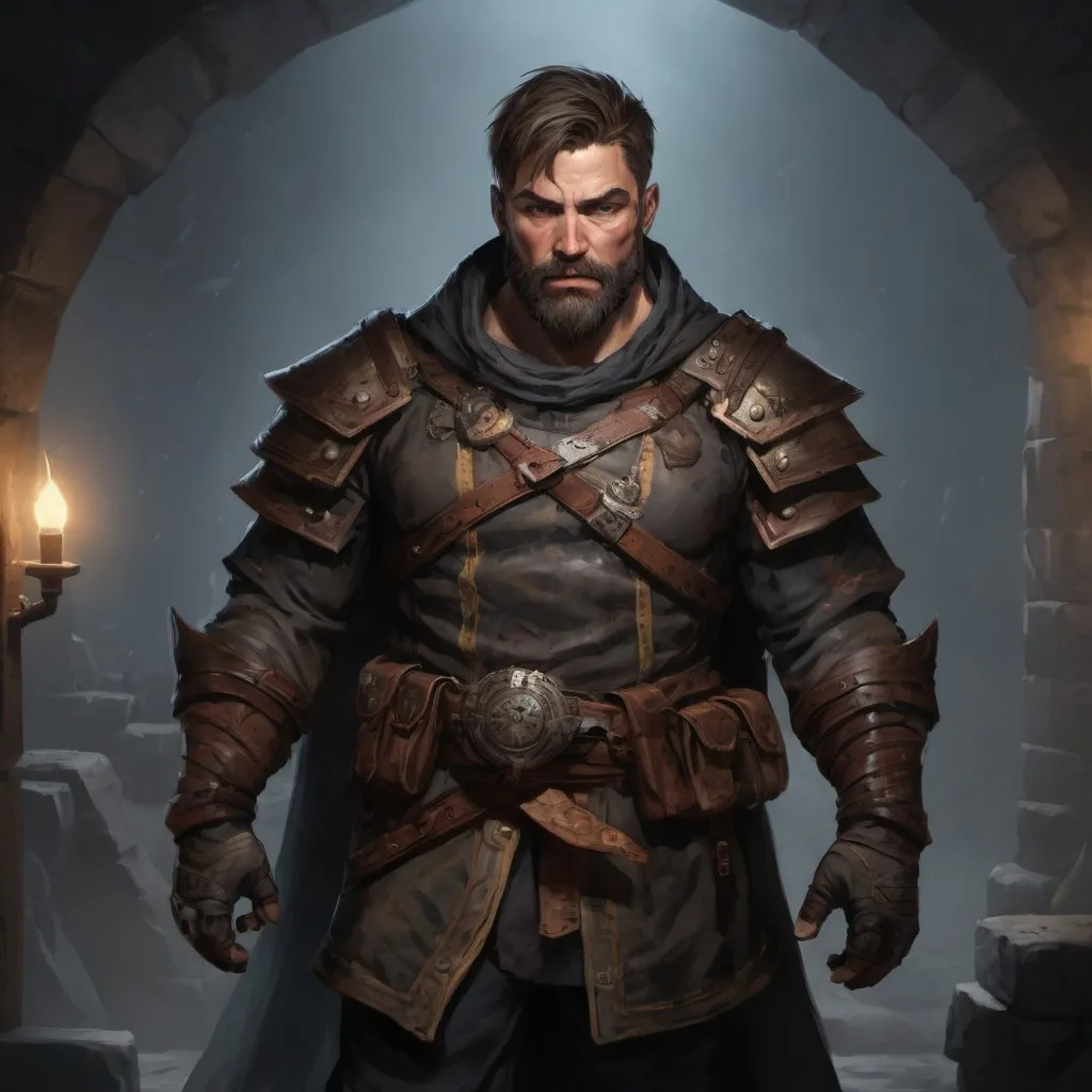 Prompt: Male stocky large beefy rogue with short-cut hair and beard, exploring a dark trasure room, pathfinder, d&d setting, realistic, enhanced shadow quality