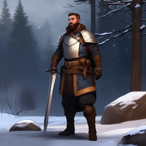 Prompt: (Full body) male stocky guard with short hair and beard, in dark lit nature background, pathfinder, d&d setting, in a realistic digital art style