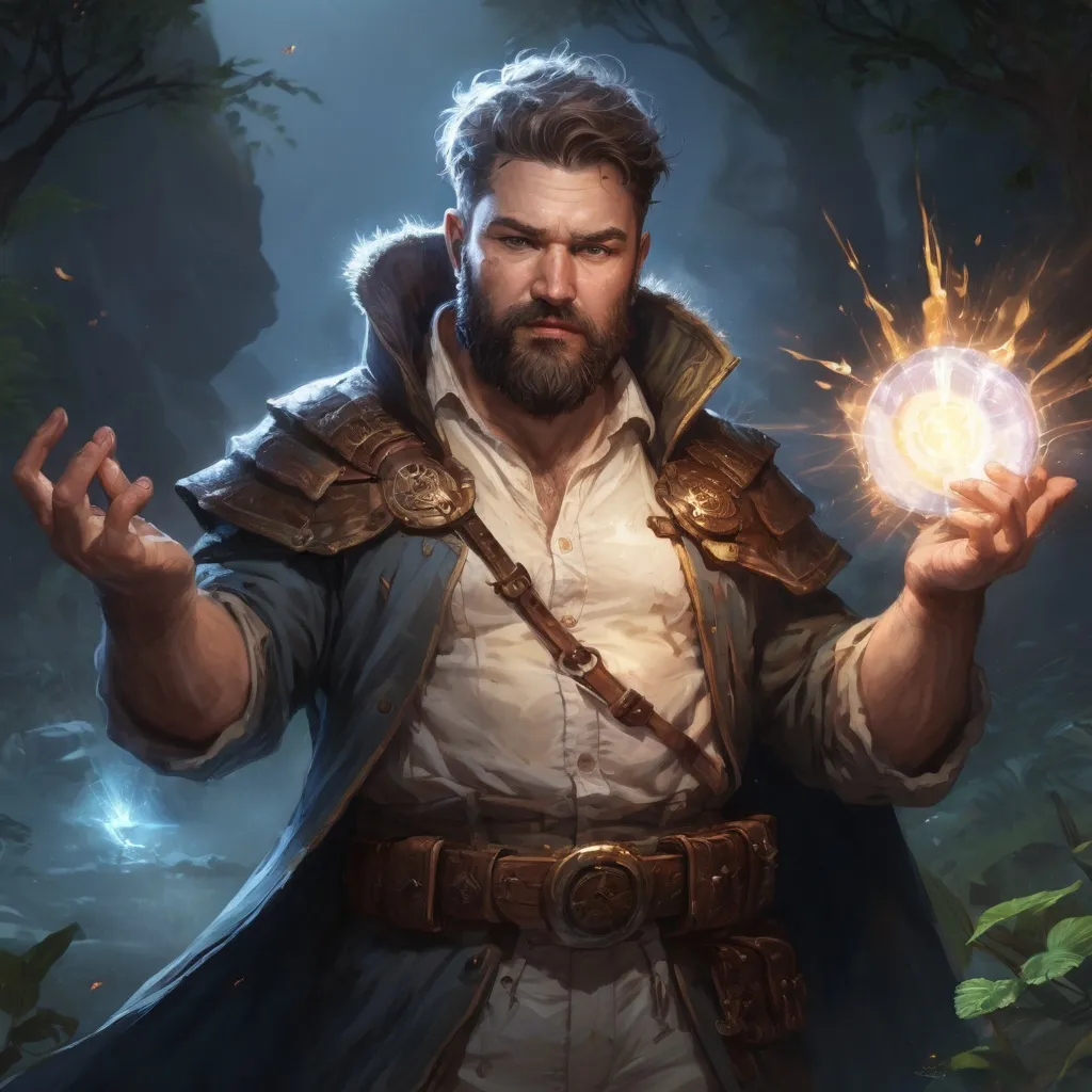 Prompt: Male stocky large fat cleric with short-cut hair and beard, open shirt hairy chest, in combat casting a magic-ray out of hands in nature at night, pathfinder, d&d setting, in a realistic high quality digital art style, enhanced shadow quality, colorful