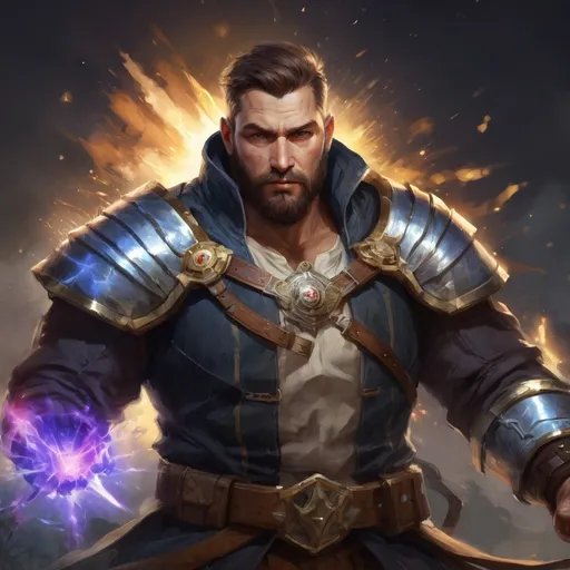Prompt: Male stocky large fat templar with short-cut hair and beard, open shirt hairy chest, in combat casting a magic-ray out of hands in nature at night, pathfinder, d&d setting, in a realistic high quality digital art style, enhanced shadow quality, colorful