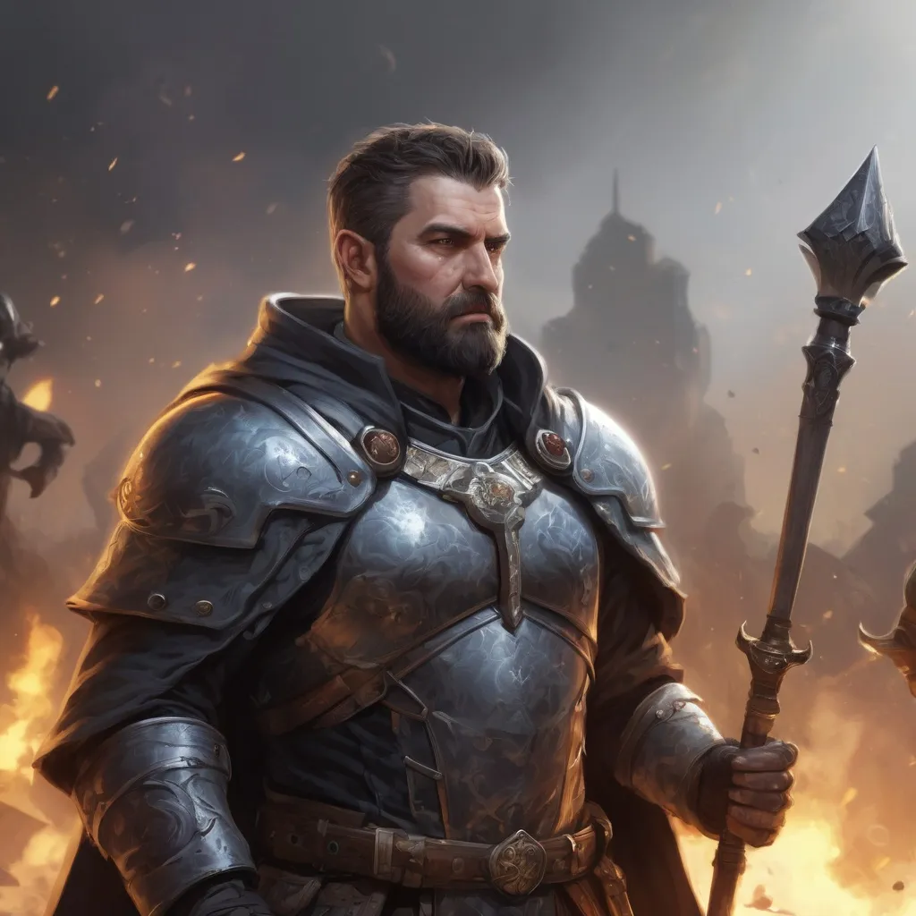 Prompt: Male stocky heavy-set mature magical Holy crusader with short-cut hair and beard, on a battlefield, in combat, holding a mace, pathfinder, d&d setting, in a realistic high quality digital art style, enhanced shadow quality