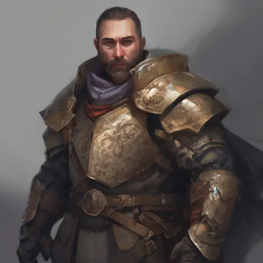 Prompt: (Full body) male stocky large paladin with short hair and beard, big belly, exploring a dark dungeon, pathfinder, d&d setting, in a realistic digital art style