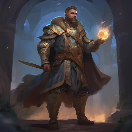 Prompt: (Full body) male stocky magus with short-cut hair and beard, casting a swirly astral-spell, in nature at night pathfinder, d&d setting, in a realistic digital art style