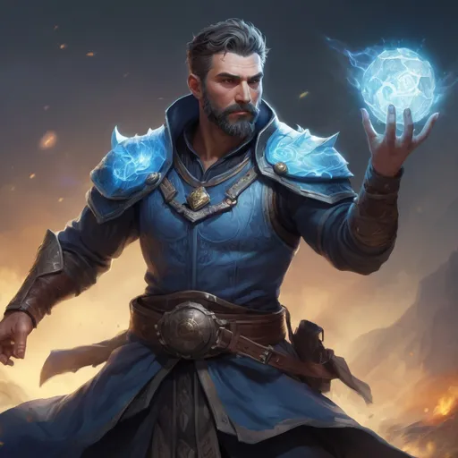 Prompt: Male stocky heavy-set mature water-mage with short-cut hair and beard, on a battlefield, in combat, casting a white-spell, pathfinder, d&d setting, in a realistic high quality digital art style, enhanced shadow quality, colorful