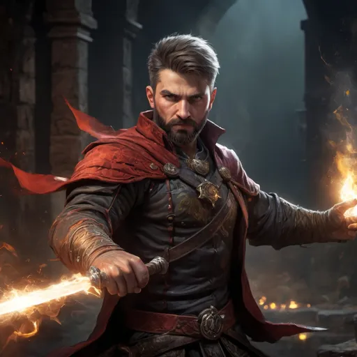 Prompt: (torso) Male stocky large croatian handsome battle-mage with short-cut hair and beard, engaged in combat casting an arcane-spell inside of a dark dungeon, in movement, pathfinder, d&d setting, realistic, enhanced shadow quality, colorful