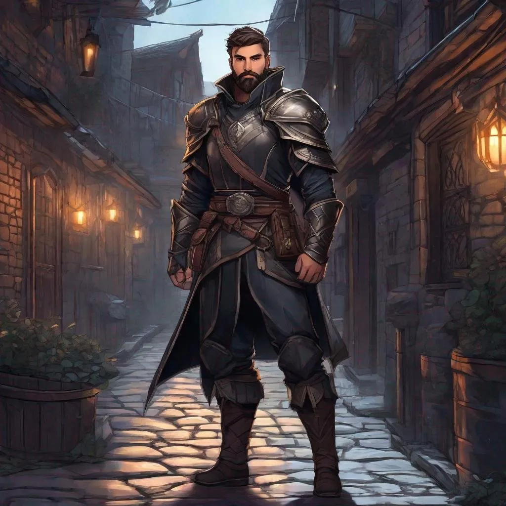 Prompt: (Full body) handsome fighter glowing eyes with short cut hair beard, manly face, dark light armor, pathfinder, dungeons and dragons, in a dark back street, in a realistic digital style