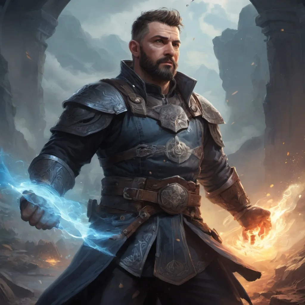 Prompt: Male stocky heavy-set mature illutionist with short-cut hair and beard, on a battlefield, in combat, casting a azure-spell, pathfinder, d&d setting, realistic high quality, enhanced shadow quality