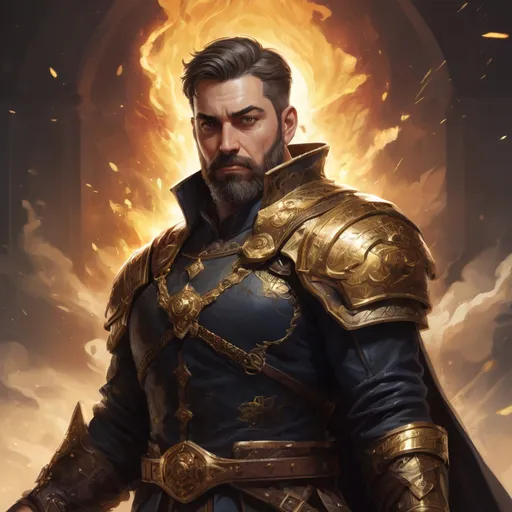 Prompt: Male stocky heavy-set mature illutionist with short-cut hair and beard, on a battlefield, in combat, casting a gold-spell, pathfinder, d&d setting, in a realistic high quality digital art style, enhanced shadow quality