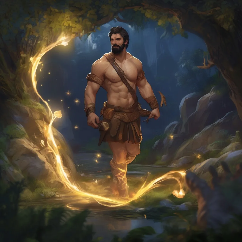 Prompt: (Full body) male stocky ranger with short-cut hair and beard, no shirt on, hairy chest, casting a swirly nature-spell, in nature at night pathfinder, d&d setting, in a realistic digital art style