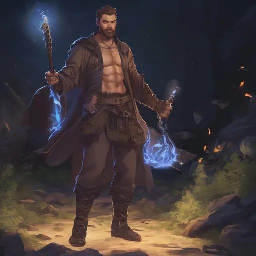 Prompt: (Full body) male stocky big-chested hairy-chested sorcerer with short hair and beard, no shirt on, casting a spell, in nature at night, pathfinder, d&d setting, in a realistic digital art style