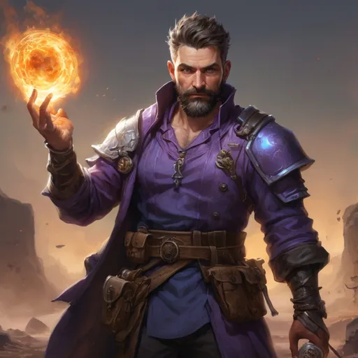 Prompt: Male stocky heavy-set mature arcane-alchemist with short-cut hair and beard, on a battlefield, in combat, holding a arcanebomb, pathfinder, d&d setting, realistic  enhanced shadow quality, colorful