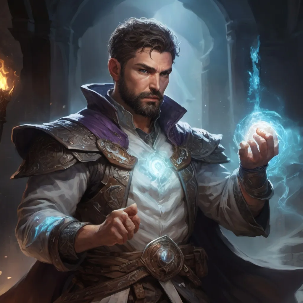 Prompt: Male stocky large fit battle-mage with short-cut hair and beard, engaged in combat casting a white-light spell inside of a dark dungeon, pathfinder, d&d setting, enhanced shadow quality, colorful