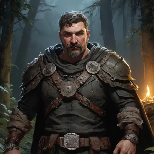 Prompt: (torso) Male stocky large mature bounty-hunter, with short hair and mustache, in a ruin in a forest at night  pathfinder, d&d setting, in a realistic high quality digital art style, enhanced shadow quality