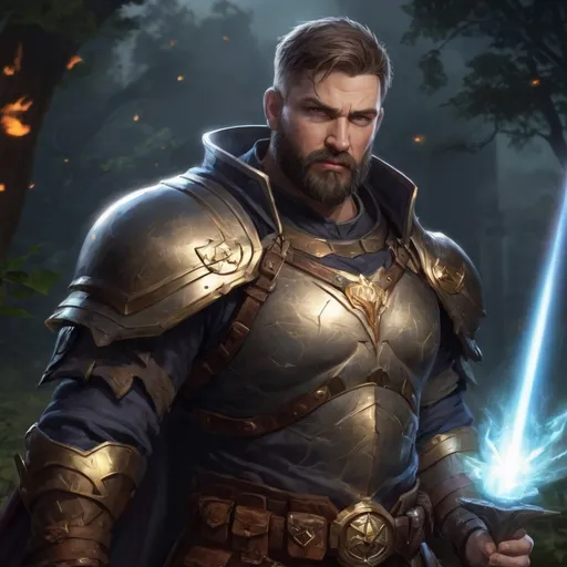 Prompt: Male stocky large fat paladin with short-cut hair and beard, open shirt hairy chest, in combat casting a magic-ray out of hands in nature at night, pathfinder, d&d setting, in a realistic high quality digital art style, enhanced shadow quality, colorful
