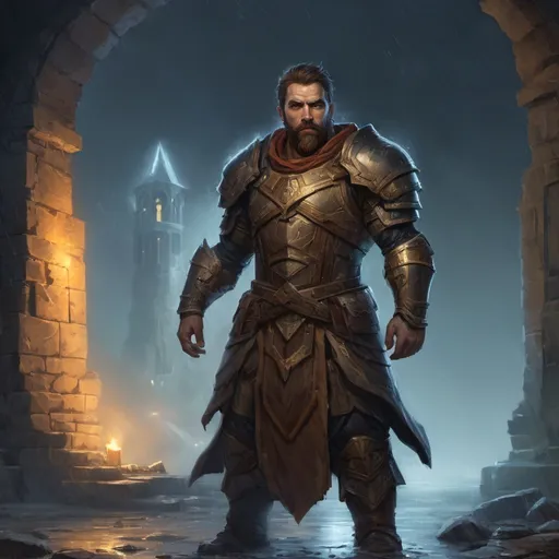 Prompt: Male stocky muscular mature paladin, with short hair and beard, by a tower ruin at night in a rainstorm, pathfinder, d&d setting, in a realistic high quality digital art style, enhanced shadow quality, colorful