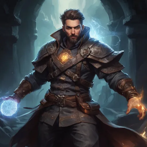 Prompt: Male stocky large mature arcane-hunter with short-cut hair and beard, engaged in combat casting a prismatic-light spell inside of a dark dungeon, pathfinder, d&d setting, in a realistic high quality digital art style, enhanced shadow quality, colorful