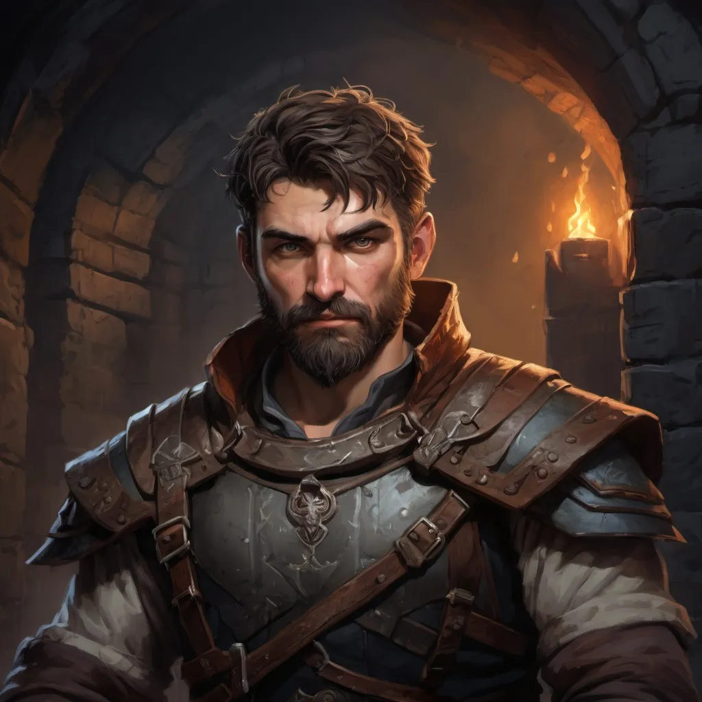 Prompt: Male stocky large mature albanian fighter with short-cut hair and beard, exploring a dark dungeon, pathfinder, d&d setting, in a realistic high quality digital art style, enhanced shadow quality, colorful