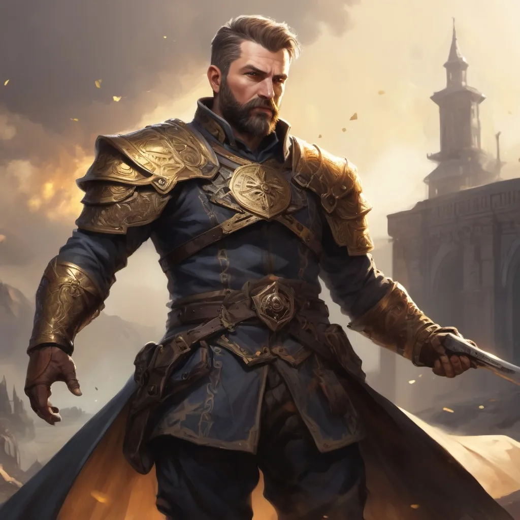 Prompt: Male stocky heavy-set mature illutionist with short-cut hair and beard, on a battlefield, in combat, casting a gold-spell, pathfinder, d&d setting, in a realistic high quality digital art style, enhanced shadow quality