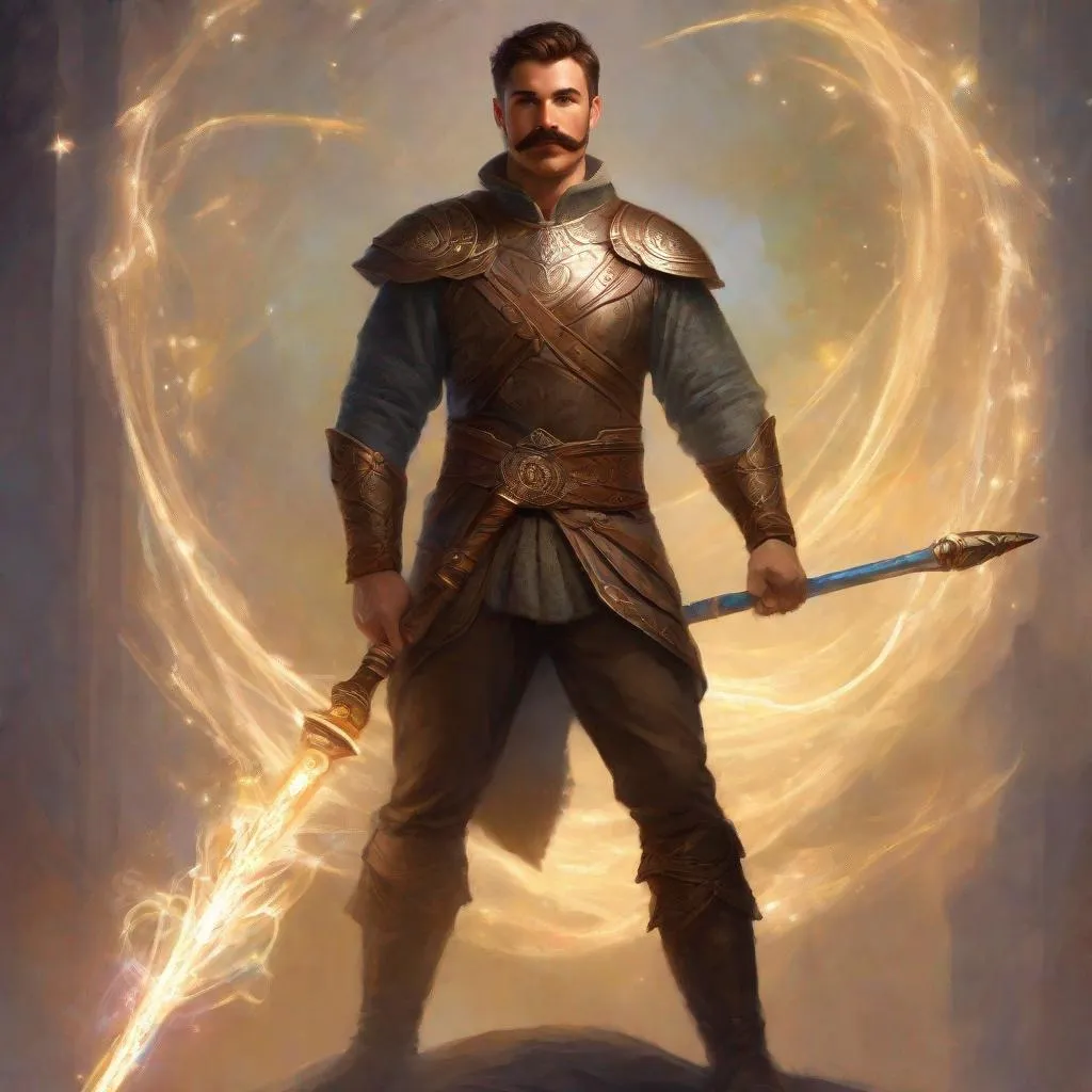 Prompt: (Full body) a male fighter with mustache and stubble short hair, handsome manly face, belt, boots, shoulder guards, bare hairy chest, holding magical staff swirly lights, standing in a otherwordly dimention, fantasy setting, dungeons & dragons, in a painted style realistic art