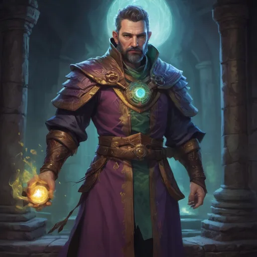 Prompt: (torso) Male stocky mature summoner with short-cut hair and beard, inside of a magical temple dungeon at night, summoning an magic eidolon-creature, pathfinder, d&d setting, in a realistic high quality digital art style, enhanced shadow quality, wearing very colorful robes,