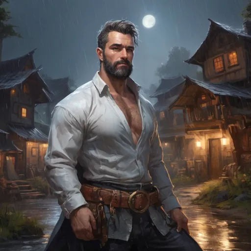 Prompt: Male stocky Muscular large mature dualist with short-cut hair and beard, shoulderguards, open shirt, hairy chest, outside of a small fantasy village in the rain at night, pathfinder, d&d setting, in a realistic high quality digital art style, enhanced shadow quality, colorful