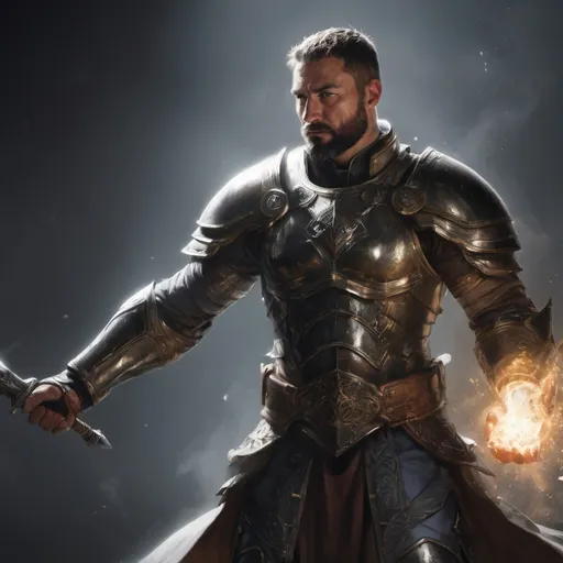 Prompt: Male stocky large mature muscular holy-paladin in armor with short-cut hair and beard, engaged in combat casting a white-light spell in a dark room, pathfinder, d&d setting, realistic, enhanced shadow quality