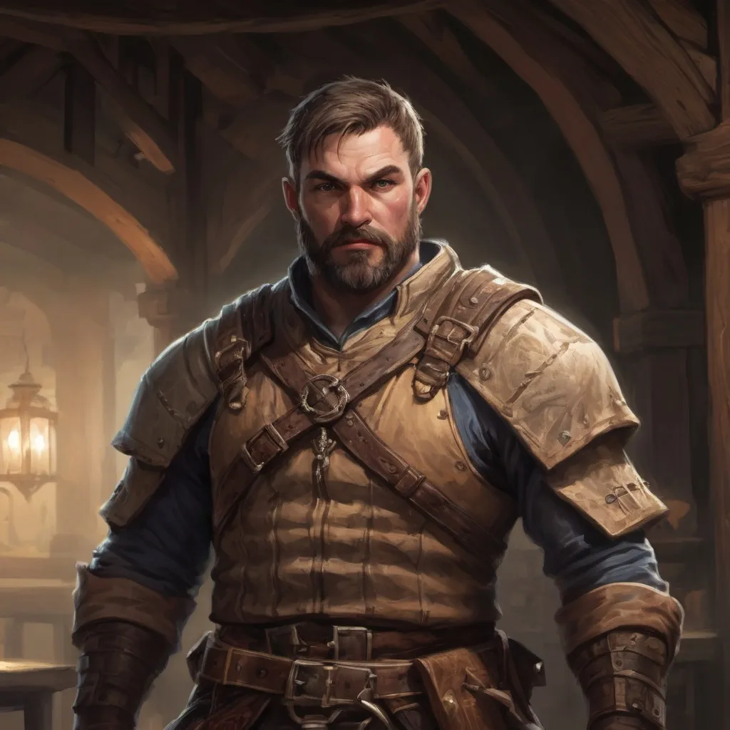 Prompt: Male stocky large muscular royal bard with short-cut hair and beard, exploring a dark tavern room, pathfinder, d&d setting, realistic, enhanced shadow quality