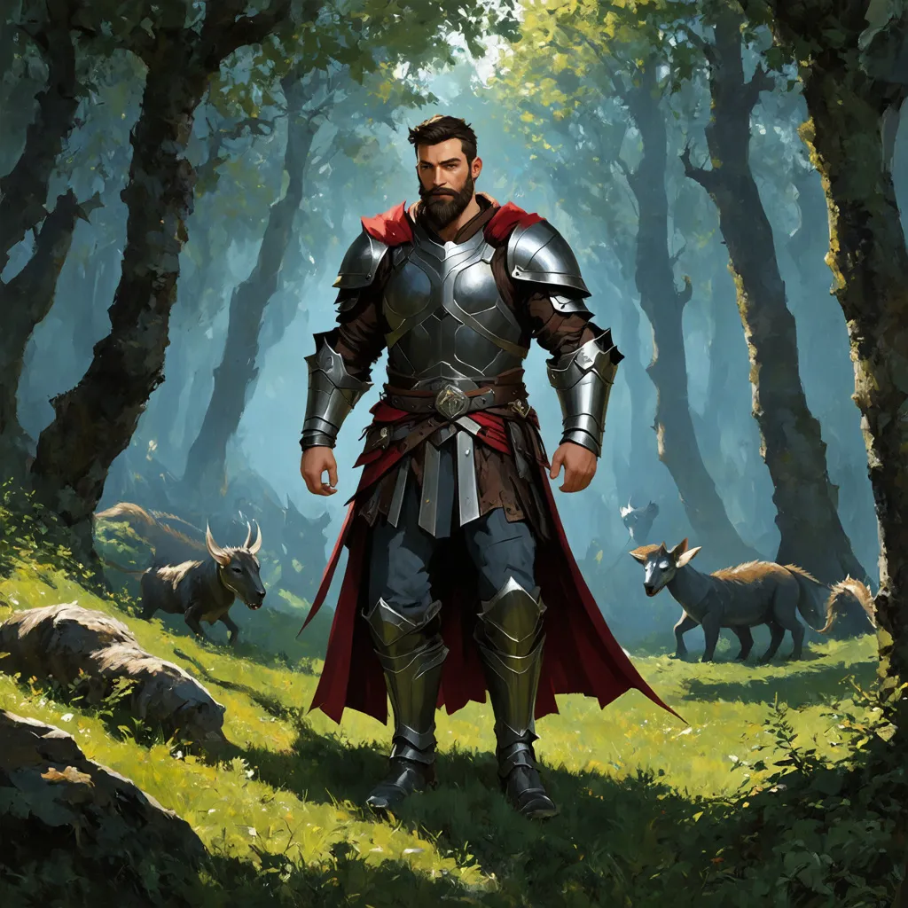 Prompt: (Full body) male paladin with short hair and beard, with a hairy chest, exploring a dark fantasy forest, pathfinder, d&d setting, in a drawn digital art style