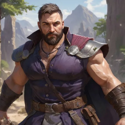Prompt: (torso) Male stocky large fat beefy 37-year old enchanter with short-cut hair and beard, open shirt hairy chest, in combat casting a magic-ray out of hands in a windy path, pathfinder, d&d setting, in a realistic high quality digital art style, enhanced shadow quality, colorful