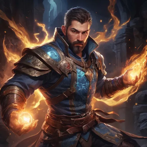 Prompt: Male stocky large battle-mage with short-cut hair and beard, engaged in combat casting a prismatic-light spell inside of a dark dungeon, pathfinder, d&d setting, in a realistic high quality digital art style, enhanced shadow quality, colorful