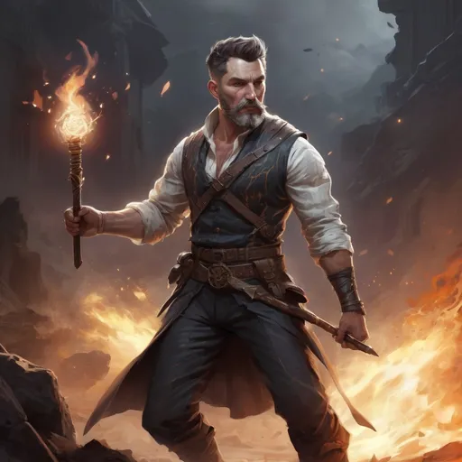 Prompt: Male stocky mature muscular illusionist with short-cut hair and beard, on a battlefield, in combat, holding a magic staff into the ground causing a earthquake-spell, pathfinder, d&d setting, in a realistic high quality digital art style, enhanced shadow quality, colorful