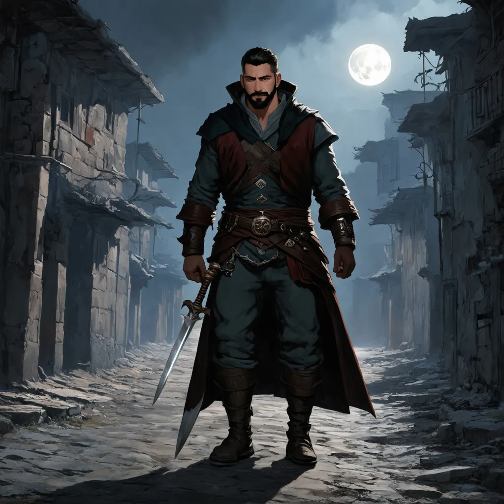 Prompt: (Full body) male rogue with short hair and beard, holding a dagger, exploring an abandoned town in the dark, pathfinder, d&d setting, in a drawn digital art style