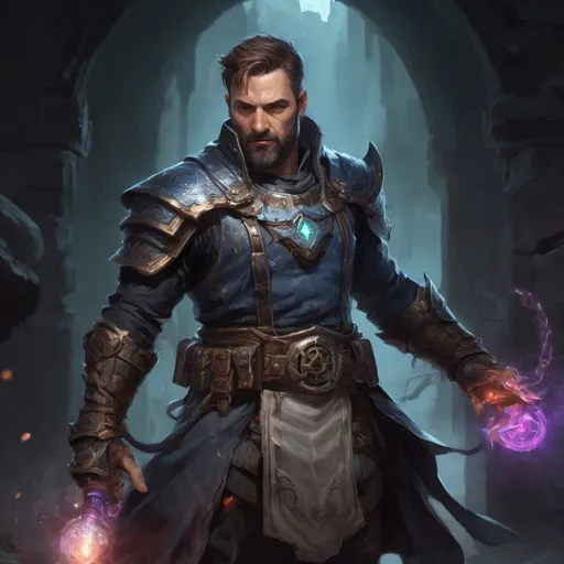 Prompt: (Torso) Male stocky large fit 39-year old summoner with short-cut hair and beard, engaged in combat casting a portal-spell inside of a dark dungeon, pathfinder, d&d setting, realistic, enhanced shadow quality, colorful